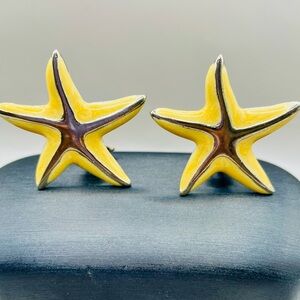 Vintage clip on cream ivory starfish enamel polished silver tone stud earrings